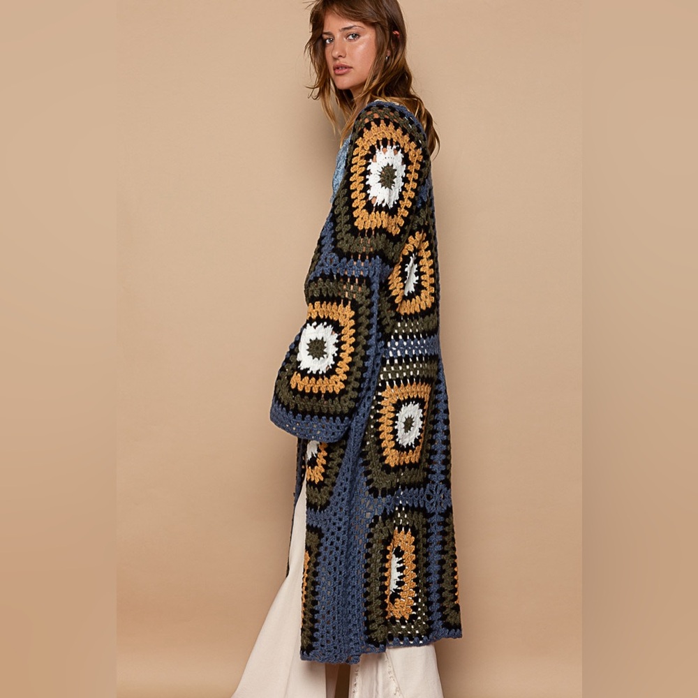 #116 New! Pol Gorgeous Long Crochet Knitted Sweater Coat - Picture 3 of 3